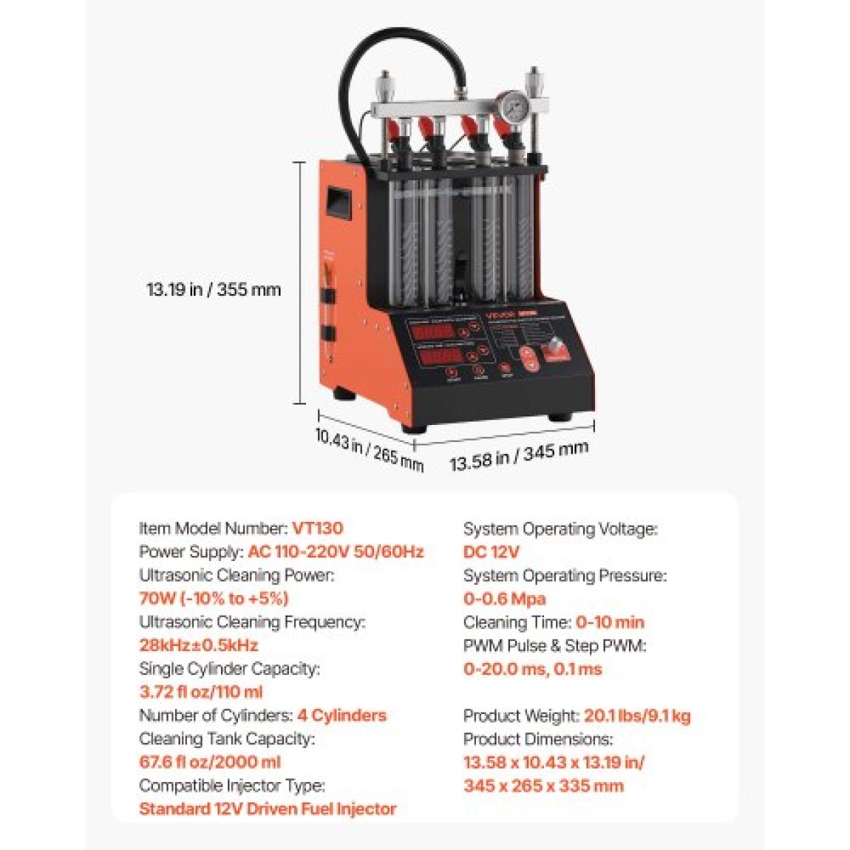 VEVOR Fuel Injector Cleaner Tester, 9 δοκιμαστικές λειτουργίες, 4-κύλινδρος 28kHz υπερηχητικό μηχάνημα καθαρισμού, μηχανή εγχυτήρα αυτοκινήτου με βαλβίδα αποστράγγισης και τάση λειτουργίας 12V για αυτοκίνητο και μοτοσικλέτα