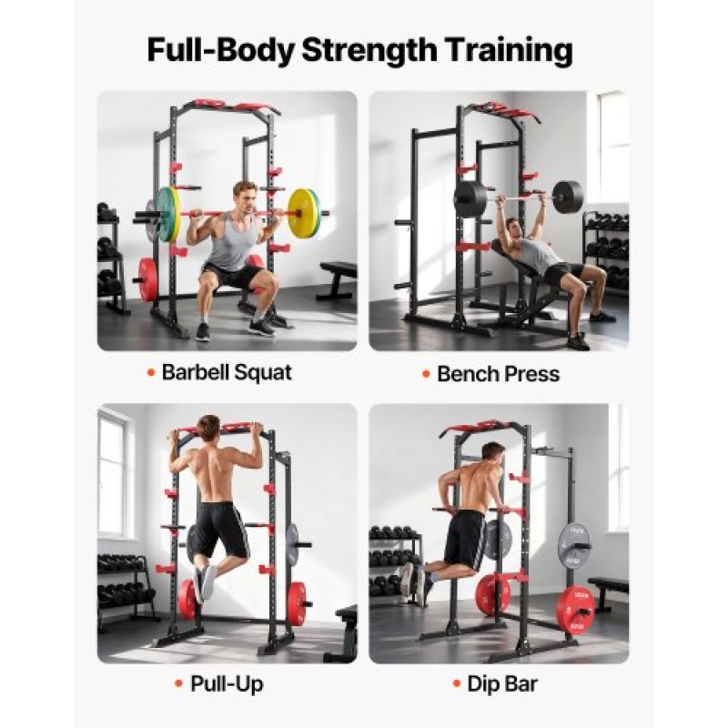 VEVOR Power Cage Power Rack, Πολυλειτουργικό Barbell Squat Rack με ρυθμιζόμενο ύψος, Home Gym Strength Training Training Εξοπλισμός προπόνησης με J-Hoks & περισσότερο εξάρτημα γυμναστικής για πάγκο τύπου Pull-Up Dips