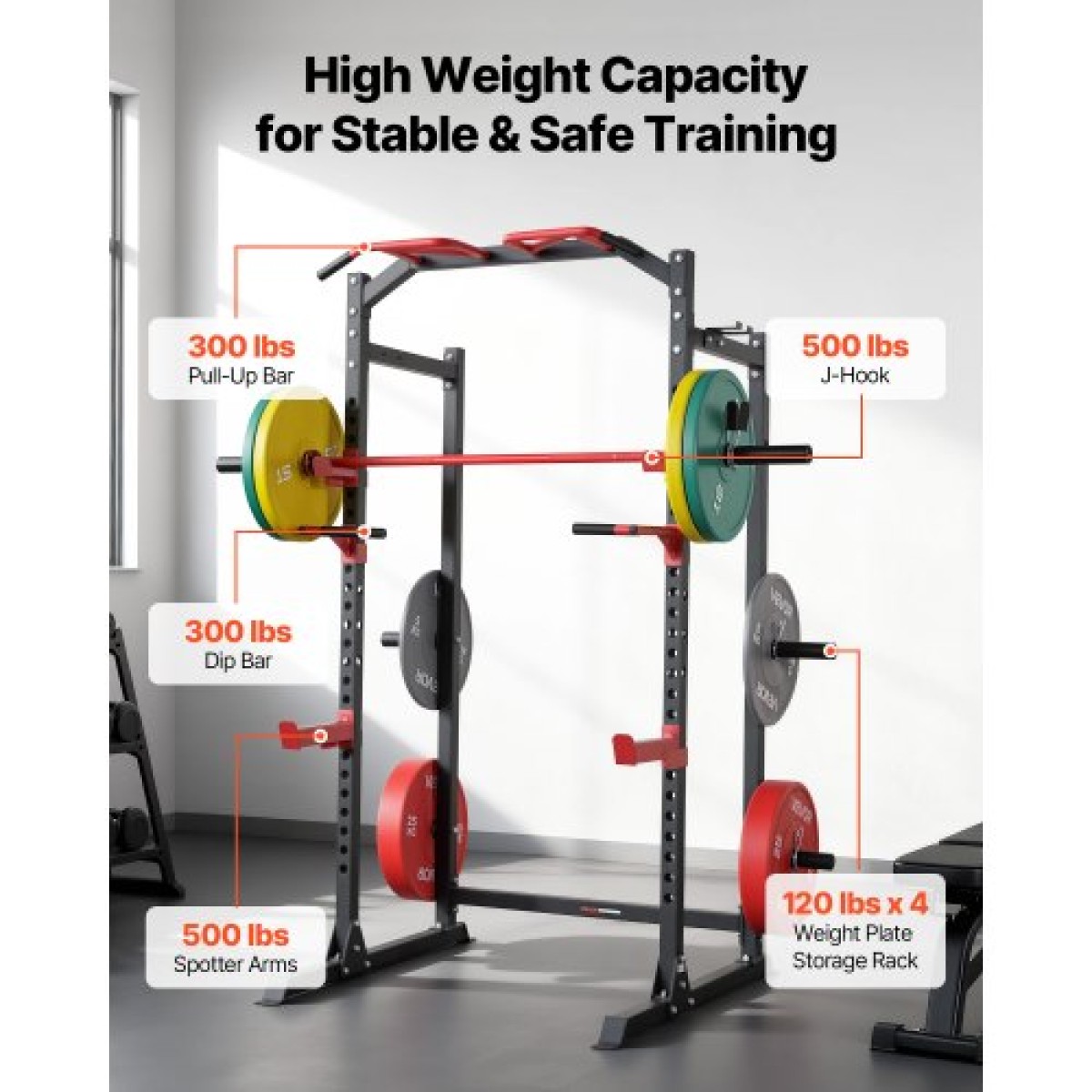 VEVOR Power Cage Power Rack, Πολυλειτουργικό Barbell Squat Rack με ρυθμιζόμενο ύψος, Home Gym Strength Training Training Εξοπλισμός προπόνησης με J-Hoks & περισσότερο εξάρτημα γυμναστικής για πάγκο τύπου Pull-Up Dips
