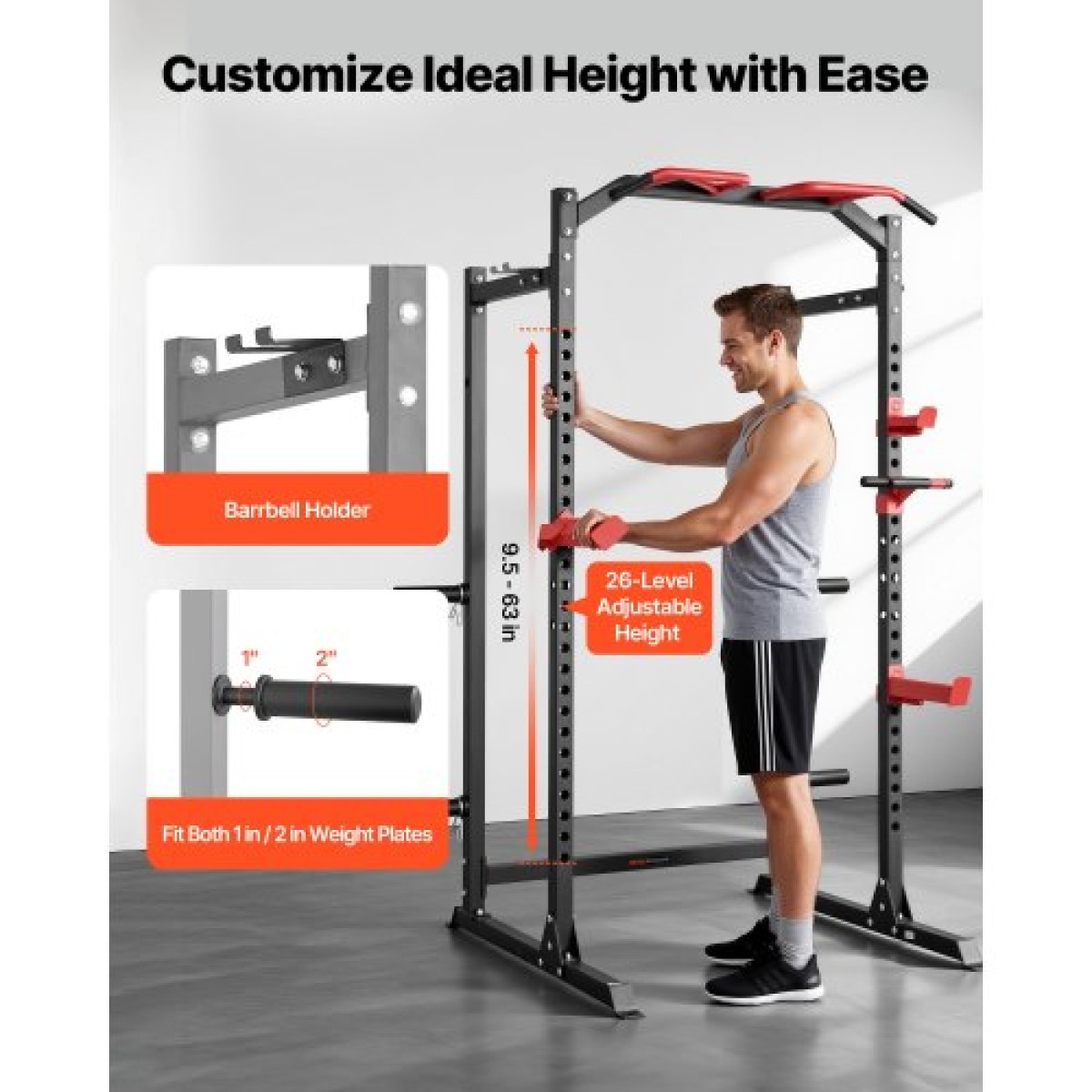 VEVOR Power Cage Power Rack, Πολυλειτουργικό Barbell Squat Rack με ρυθμιζόμενο ύψος, Home Gym Strength Training Training Εξοπλισμός προπόνησης με J-Hoks & περισσότερο εξάρτημα γυμναστικής για πάγκο τύπου Pull-Up Dips