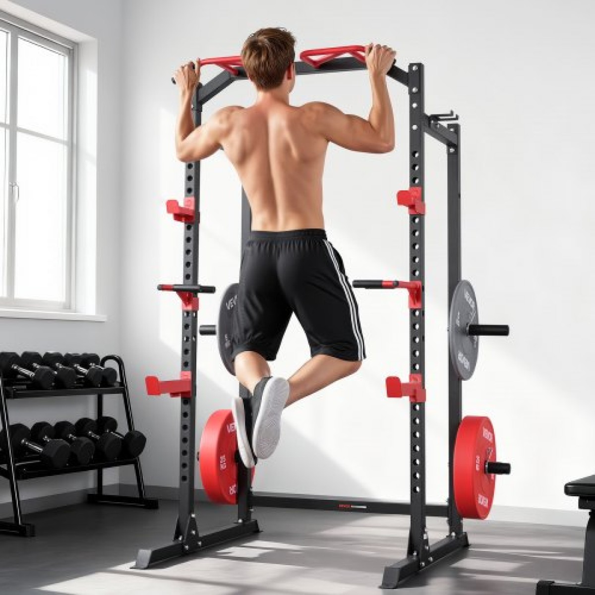 VEVOR Power Cage Power Rack, Πολυλειτουργικό Barbell Squat Rack με ρυθμιζόμενο ύψος, Home Gym Strength Training Training Εξοπλισμός προπόνησης με J-Hoks & περισσότερο εξάρτημα γυμναστικής για πάγκο τύπου Pull-Up Dips