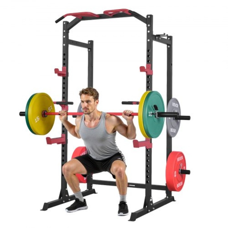 VEVOR Power Cage Power Rack, Πολυλειτουργικό Barbell Squat Rack με ρυθμιζόμενο ύψος, Home Gym Strength Training Training Εξοπλισμός προπόνησης με J-Hoks & περισσότερο εξάρτημα γυμναστικής για πάγκο τύπου Pull-Up Dips