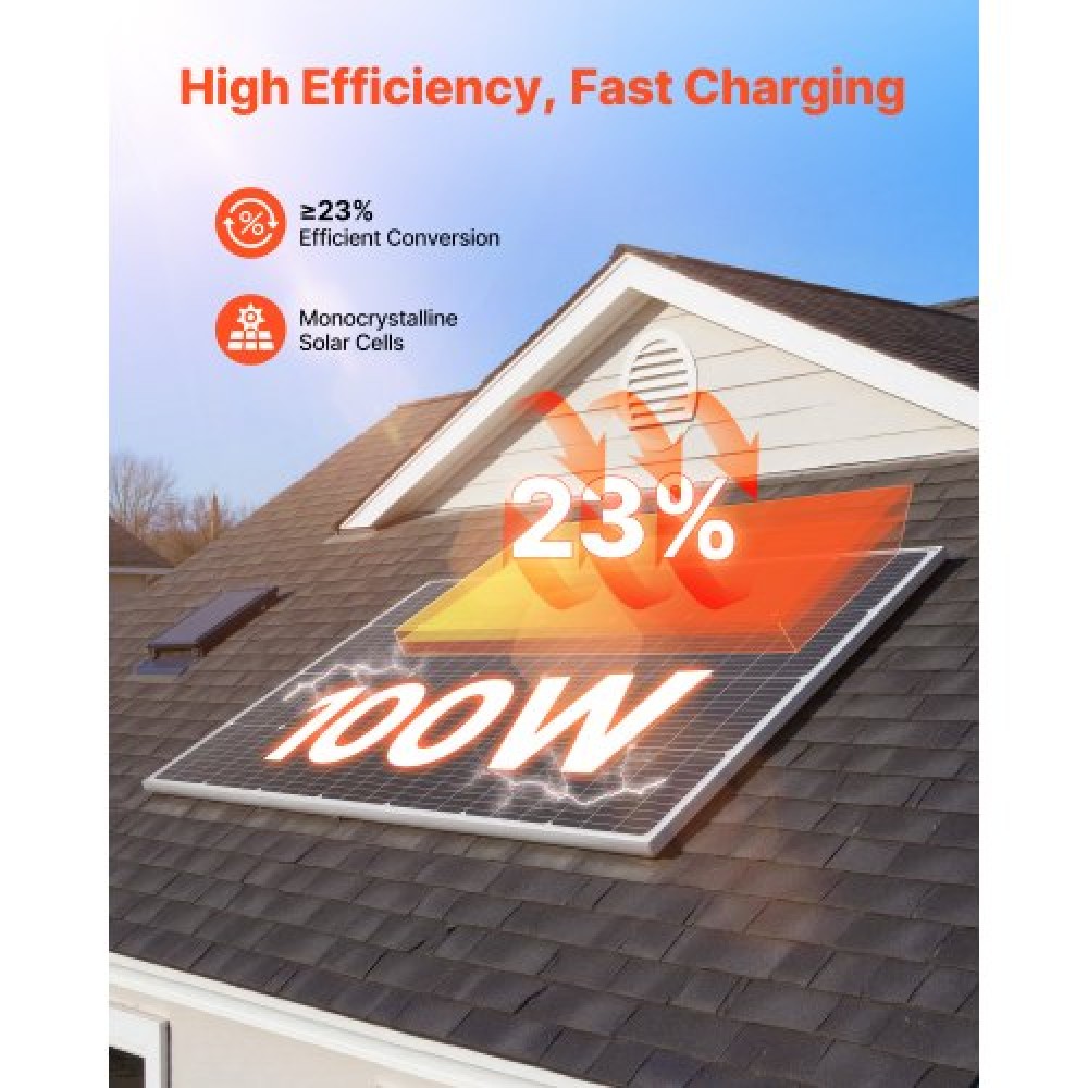 VEVOR 2PCS 100W Monocrystalline Solar Panels, 23% High-Efficiency Mono PV Module with Stable MC4 Output & Aluminum Frame, IP65 Waterproof Solar Panel for Car Boat RV Flat Rooftop Off-Grid Applications