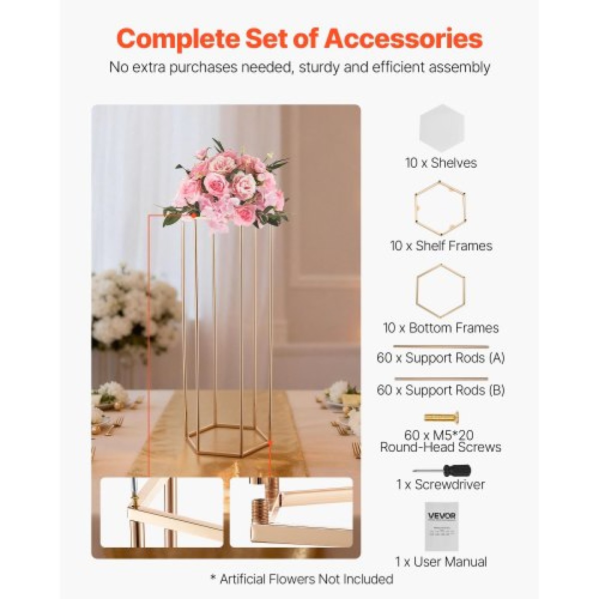 VEVOR Wedding Flower Stand, 10PCS 31,5 ιντσών Stand λουλουδιών, Floral stands with Acrylic Laminate, Hexagonal Cubic Floral Display Rack for Wedding, Party, Birthday, Home, French Gold Stand
