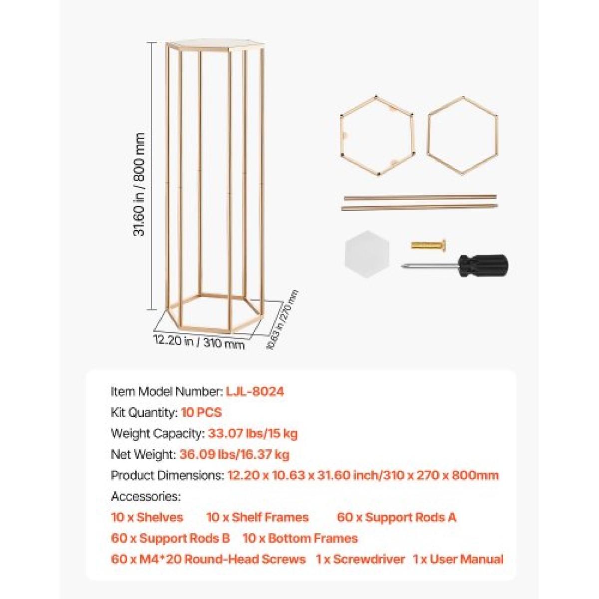 VEVOR Wedding Flower Stand, 10PCS 31,5 ιντσών Stand λουλουδιών, Floral stands with Acrylic Laminate, Hexagonal Cubic Floral Display Rack for Wedding, Party, Birthday, Home, French Gold Stand