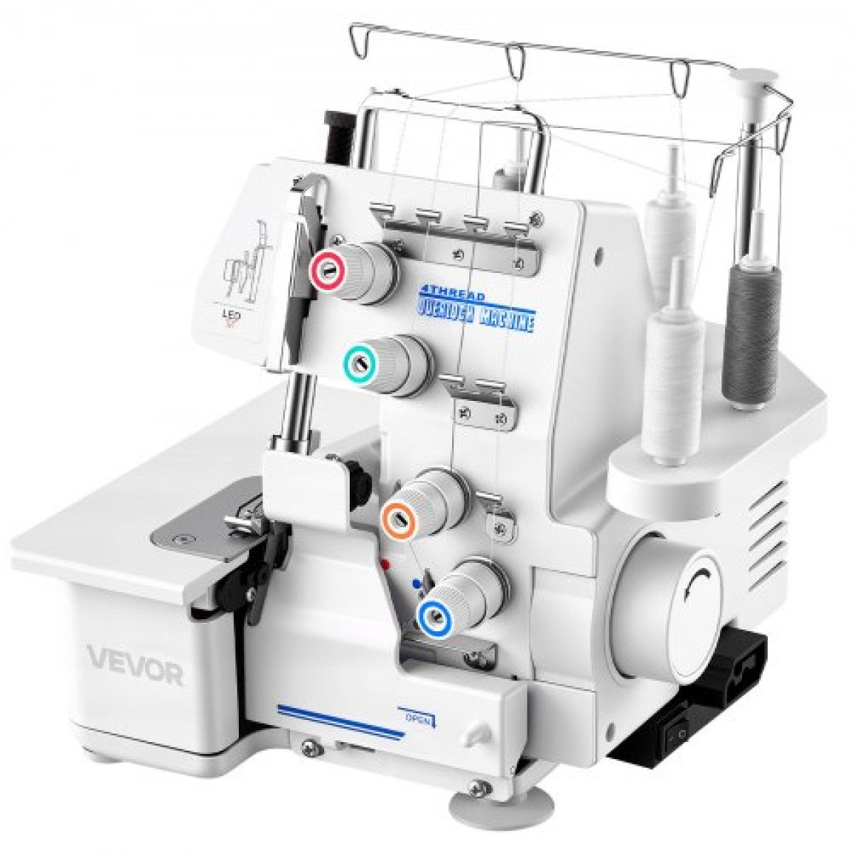 Ραπτομηχανή VEVOR Serger Overlock, 1250 βελονιές ανά λεπτό, ικανότητα 3 και 4 κλωστών, με φως LED και ισχυρά πόδια αναρρόφησης, ραπτομηχανή βαρέως τύπου μεταλλικό σκελετό για διάφορα υφάσματα, λευκό