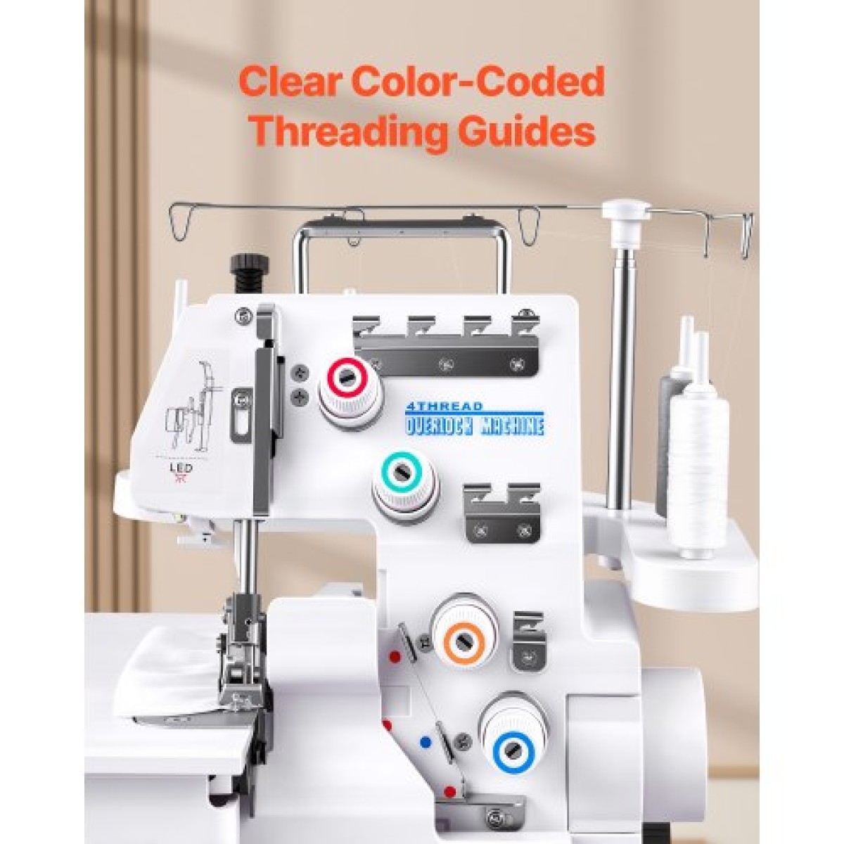 Ραπτομηχανή VEVOR Serger Overlock, 1250 βελονιές ανά λεπτό, ικανότητα 3 και 4 κλωστών, με φως LED και ισχυρά πόδια αναρρόφησης, ραπτομηχανή βαρέως τύπου μεταλλικό σκελετό για διάφορα υφάσματα, λευκό