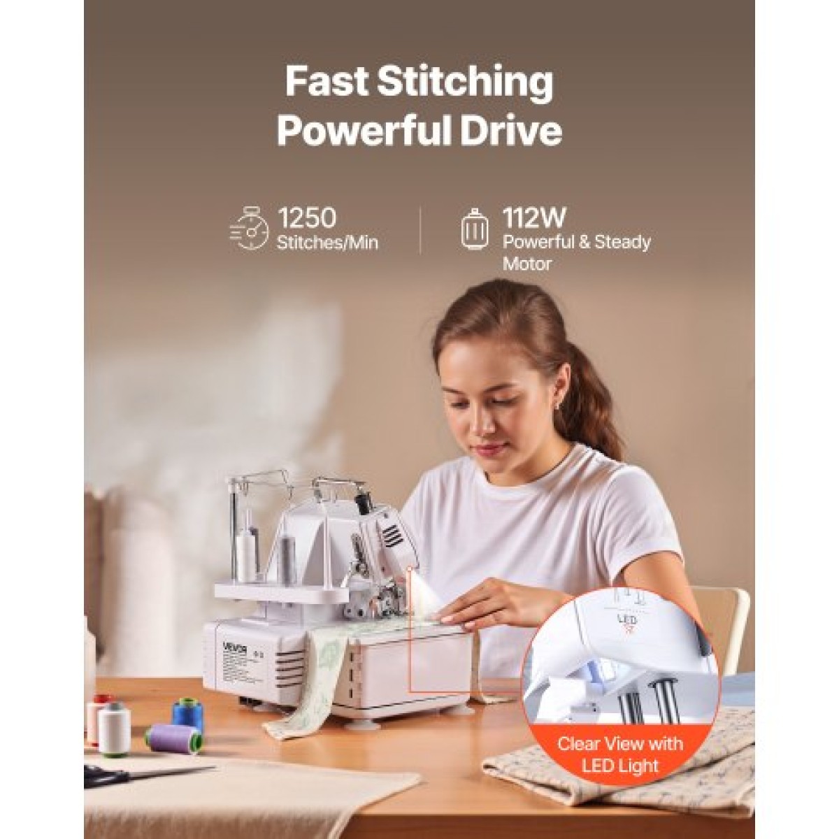 Ραπτομηχανή VEVOR Serger Overlock, 1250 βελονιές ανά λεπτό, ικανότητα 3 και 4 κλωστών, με φως LED και ισχυρά πόδια αναρρόφησης, ραπτομηχανή βαρέως τύπου μεταλλικό σκελετό για διάφορα υφάσματα, λευκό