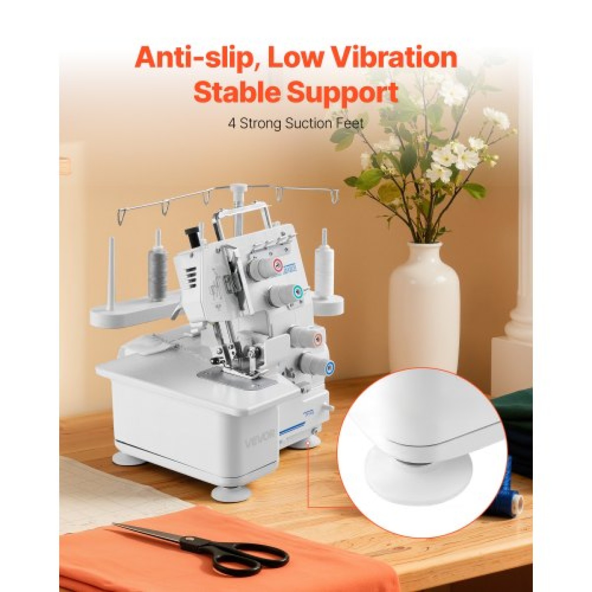 Ραπτομηχανή VEVOR Serger Overlock, 1250 βελονιές ανά λεπτό, ικανότητα 3 και 4 κλωστών, με φως LED και ισχυρά πόδια αναρρόφησης, ραπτομηχανή βαρέως τύπου μεταλλικό σκελετό για διάφορα υφάσματα, λευκό
