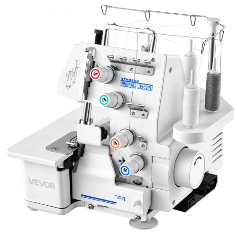 Ραπτομηχανή VEVOR Serger Overlock, 1250 βελονιές ανά λεπτό, ικανότητα 3 και 4 κλωστών, με φως LED και ισχυρά πόδια αναρρόφησης, ραπτομηχανή βαρέως τύπου μεταλλικό σκελετό για διάφορα υφάσματα, λευκό