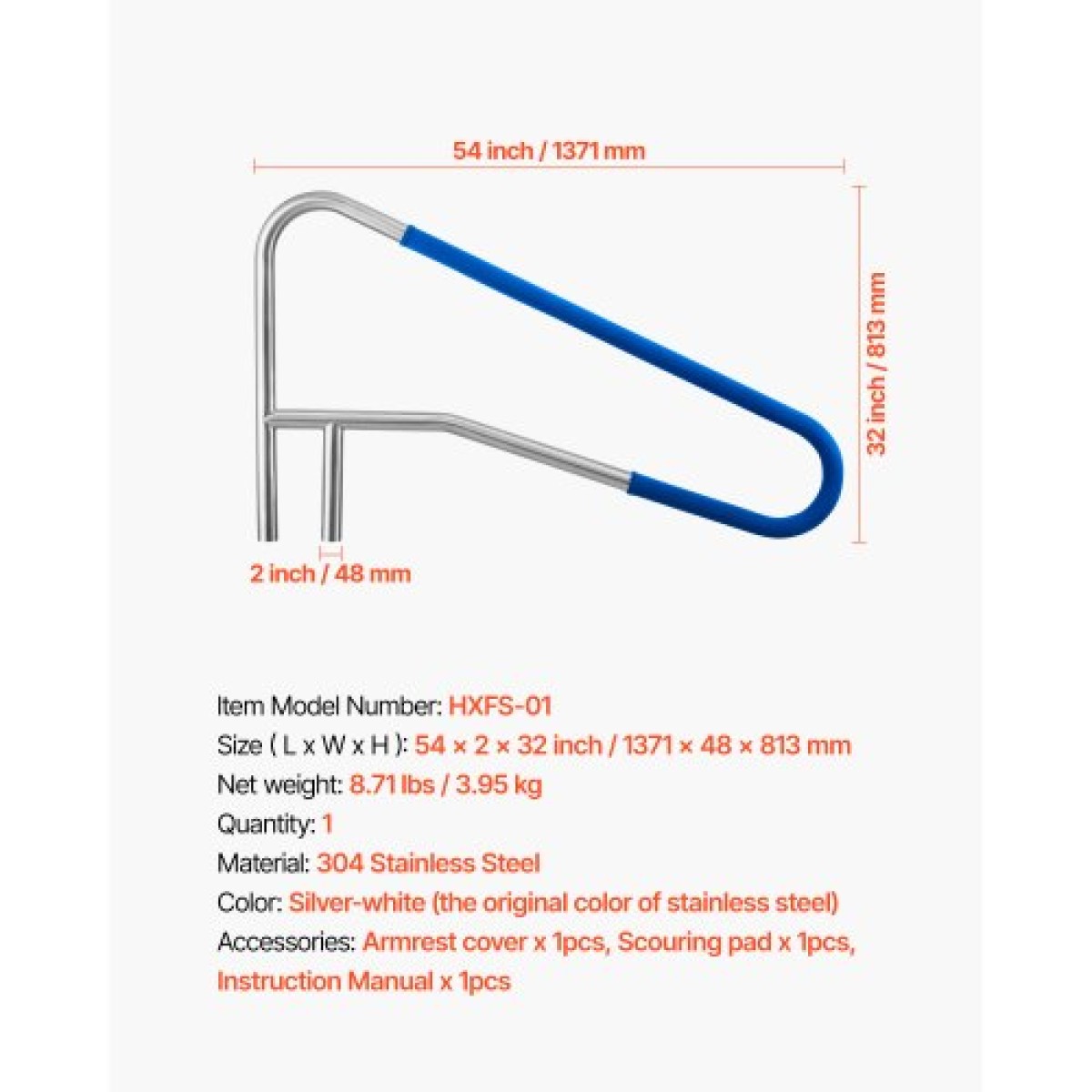 Κουπαστή πισίνας VEVOR, 137,1 x 81,3 cm Κουπαστή πισίνας, 100kg Χωρητικότητα φορτίου Heavy Duty 304 από ανοξείδωτο ατσάλι, αποσπώμενο αντιολισθητικό μανίκι, εσοχή ή βάση στήριξης, για δίπλα στην πισίνα, θαλάσσια πάρκα
