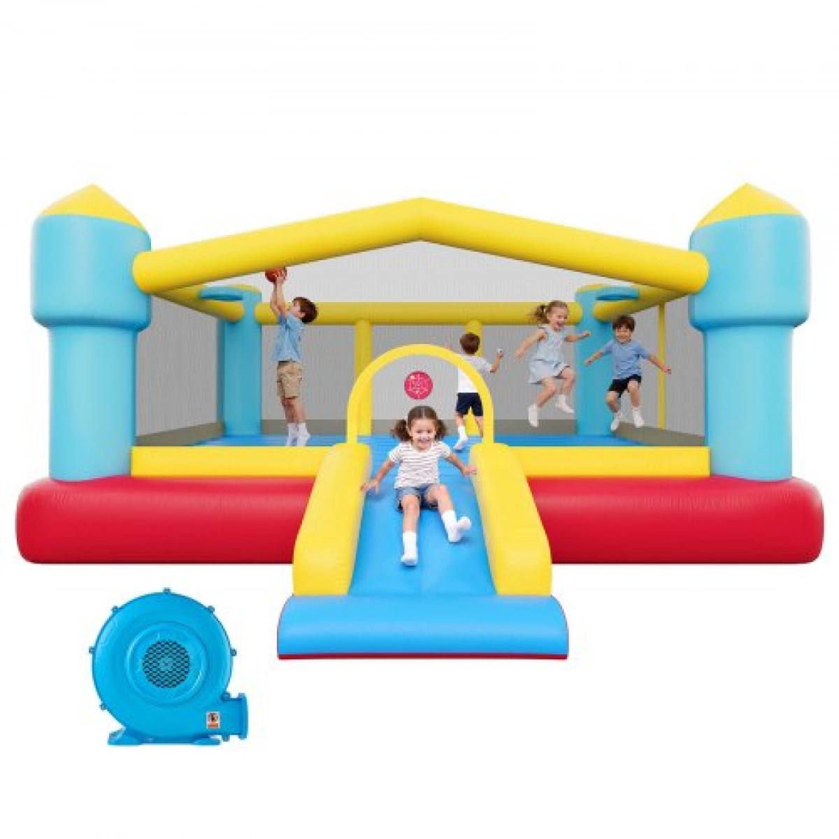 Φουσκωτό σπίτι αναπήδησης VEVOR, 14,7 x 13,8 x 6,8 πόδια Jumping Bouncy Castle, Φουσκωτό άλτης για παιδιά με τσουλήθρα, στεφάνι μπάσκετ, στόχος παιχνιδιού & περιοχή άλματος, Jumpings House 3-4 παιδιά (ηλικίες 3-8 ετών)