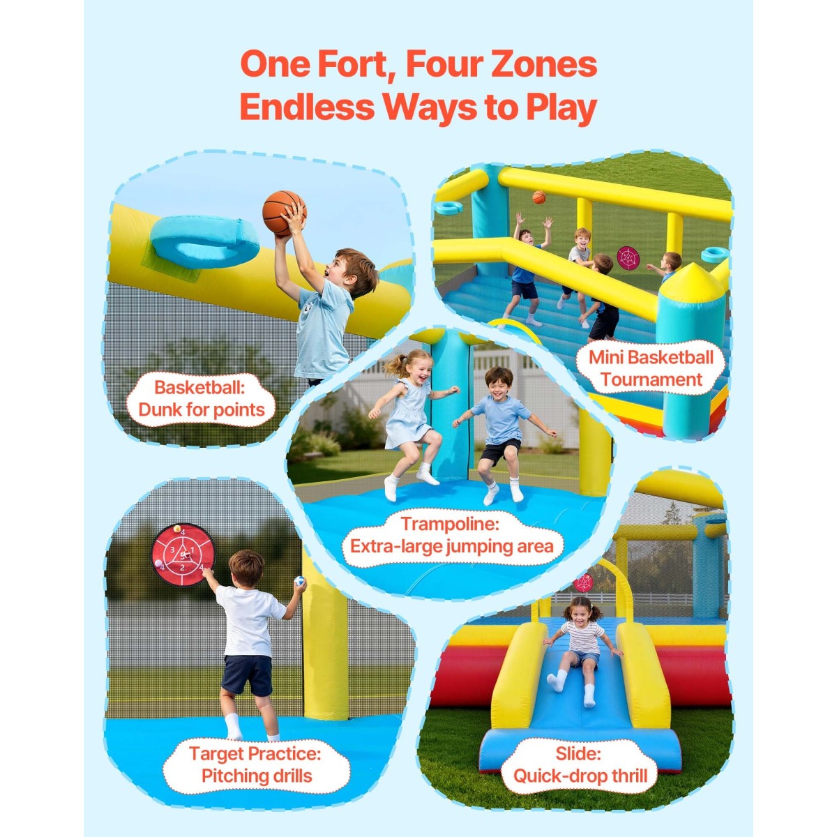 Φουσκωτό σπίτι αναπήδησης VEVOR, 14,7 x 13,8 x 6,8 πόδια Jumping Bouncy Castle, Φουσκωτό άλτης για παιδιά με τσουλήθρα, στεφάνι μπάσκετ, στόχος παιχνιδιού & περιοχή άλματος, Jumpings House 3-4 παιδιά (ηλικίες 3-8 ετών)