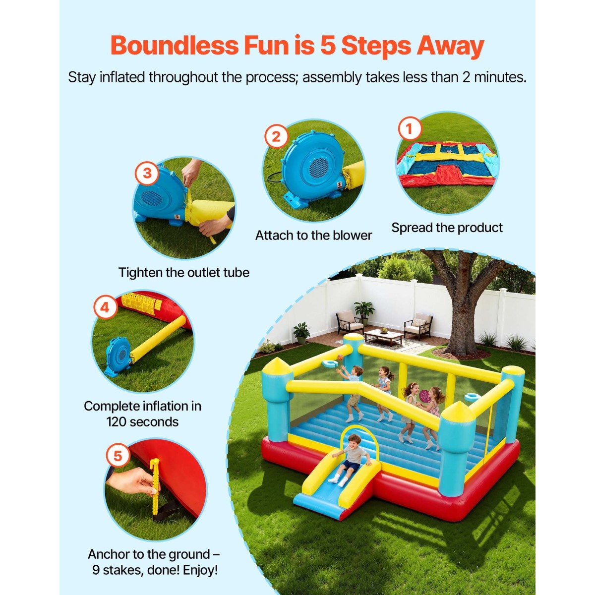Φουσκωτό σπίτι αναπήδησης VEVOR, 14,7 x 13,8 x 6,8 πόδια Jumping Bouncy Castle, Φουσκωτό άλτης για παιδιά με τσουλήθρα, στεφάνι μπάσκετ, στόχος παιχνιδιού & περιοχή άλματος, Jumpings House 3-4 παιδιά (ηλικίες 3-8 ετών)