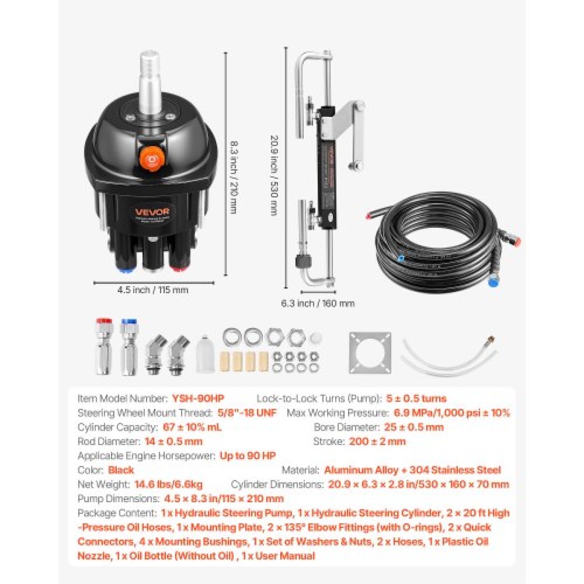 VEVOR Hydraulic Steering Kit, 70kW (90 HP), Marine Boat Hydraulic Steering System, με αντλία πηδαλίου 6,9 MPa/1000 psi, κύλινδρο κλειδώματος διπλής κατεύθυνσης και σωλήνες υψηλής αντοχής 6 m, για χρήση σε έναν σταθμό, χρήση ενός κινητήρα