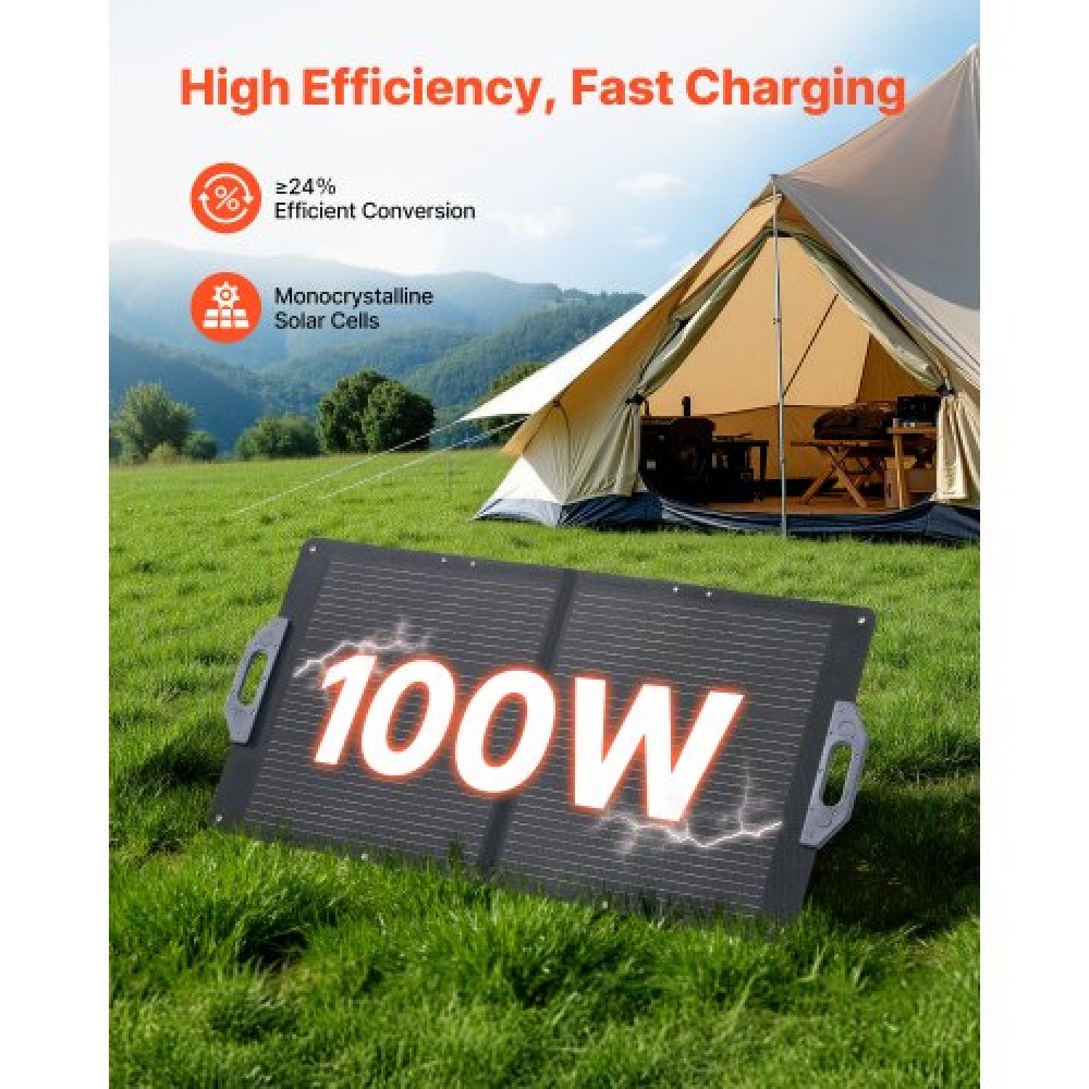 VEVOR 100W Foldable Solar Panel, 24% High-Efficiency Portable Monocrystalline Solar Panel Charger with MC4 Output, USB-A, Type-C & DC Ports, IP65 Waterproof for Power Stations, Camping, Hiking Trips