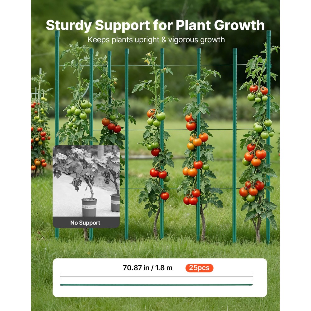 VEVOR Garden Stakes, 25 Pack, 1800 mm, Μεταλλικοί πάσσαλοι ντομάτας με πλαστική επικάλυψη, Garden Sticks για υποστήριξη φυτών, με μυτερό άκρο και αντιολισθητικά εξογκώματα για καλλιέργεια αναρριχώμενων φυτών, λαχανικά εξωτερικού χώρου
