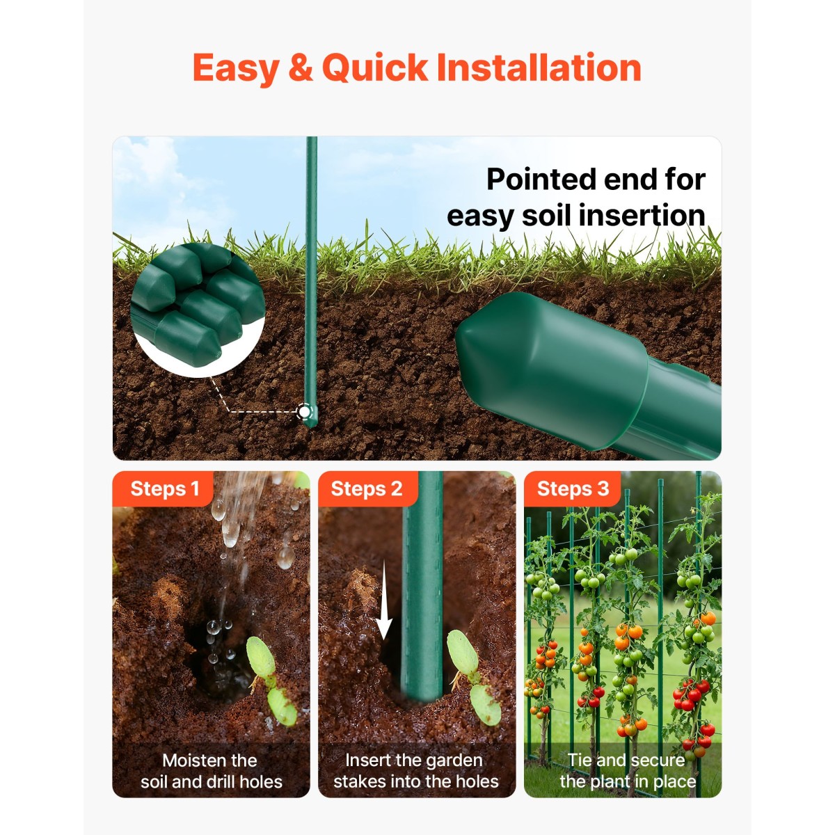 VEVOR Garden Stakes, 25 Pack, 1800 mm, Μεταλλικοί πάσσαλοι ντομάτας με πλαστική επικάλυψη, Garden Sticks για υποστήριξη φυτών, με μυτερό άκρο και αντιολισθητικά εξογκώματα για καλλιέργεια αναρριχώμενων φυτών, λαχανικά εξωτερικού χώρου