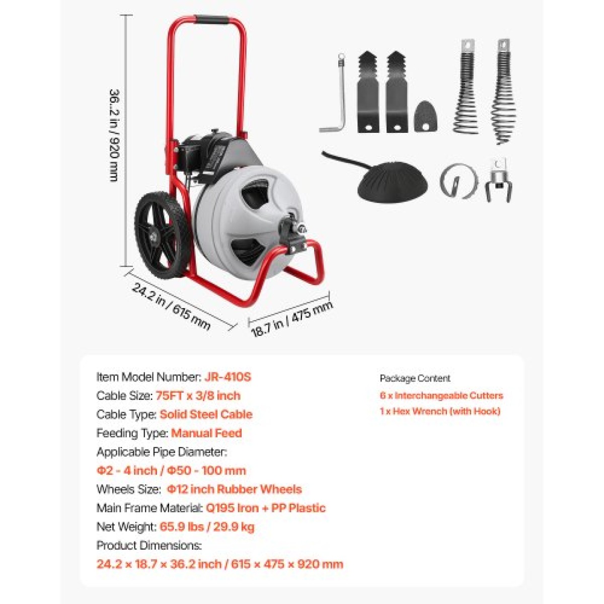 Μηχάνημα καθαρισμού αποχέτευσης VEVOR 22m x 9,5mm, Sewer Snake Auger Manual Feed on Wheels, Φορητό μηχάνημα καθαρισμού αποχέτευσης με 6 κόφτες & διακόπτης ποδιών που ενεργοποιείται με αέρα για σωλήνες 50mm έως 100mm