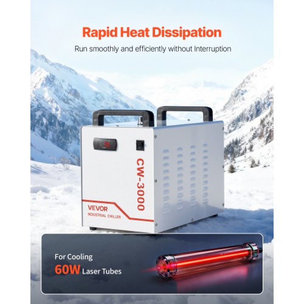 VEVOR Industrial Water Cooler, CW-3000, Industrial Water Cooler Cooling System with 9 L Tank Capacity, 10 L/min Max Flow, Cooling Machine with High-Speed Fan, for 65W Laser Engraving & Cutting Machine