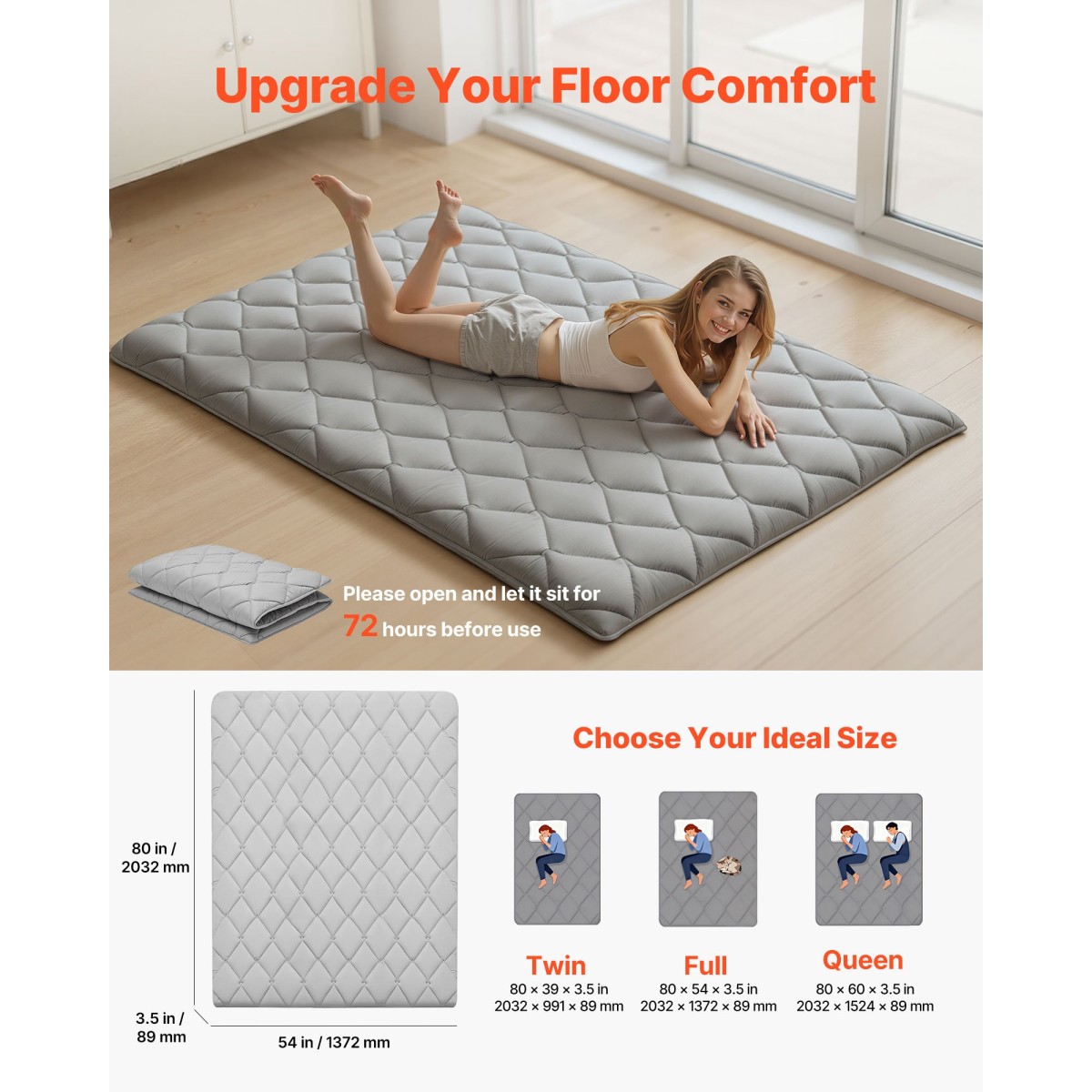 VEVOR Japanese Tatami Mat, Πτυσσόμενο στρώμα Ιαπωνικού Tatami πλήρους μεγέθους, στρώμα Futon με τσάντα αποθήκευσης & κούμπωμα, πατάκι 9 στρωμάτων για ύπνο, κοιτώνα, διαλογισμός, γιόγκα, 2032 x 1372 x 89 mm, γκρι