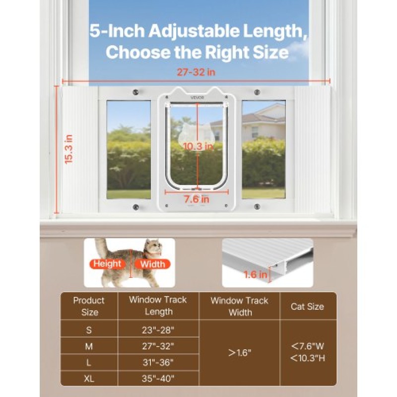 VEVOR Cat Door for Window, Ρυθμιζόμενη ώστε να ταιριάζει πλάτος παραθύρου 686-813 mm, 4 ασφαλείς λειτουργίες κλειδώματος, πλαίσιο αλουμινίου και γυαλί υψηλής διαφάνειας, μαγνητικό κλείσιμο, ανθεκτική στις καιρικές συνθήκες Πόρτα κατοικίδιων ζώων για γάτες