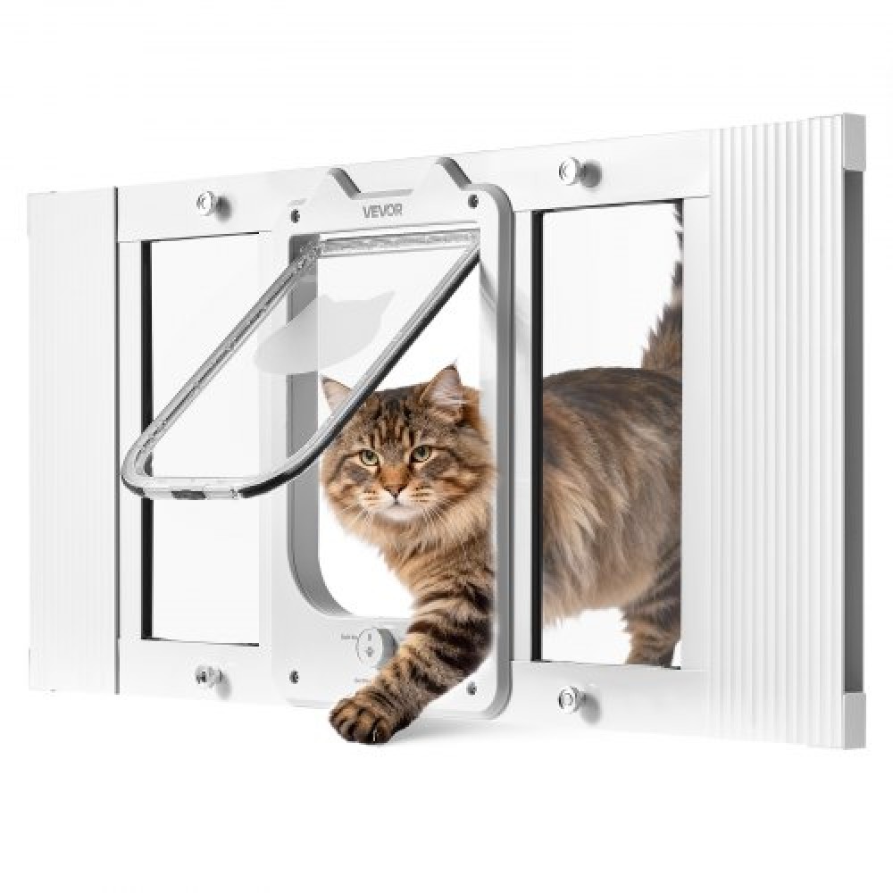 VEVOR Cat Door for Window, Adjustable to Fit Window Width 686-813 mm, 4 Secure Lock Modes, Aluminum Frame and High-Transparency Glass, Magnetic Closure, Weatherproof Quick-Fit Pet Door for Cats, White