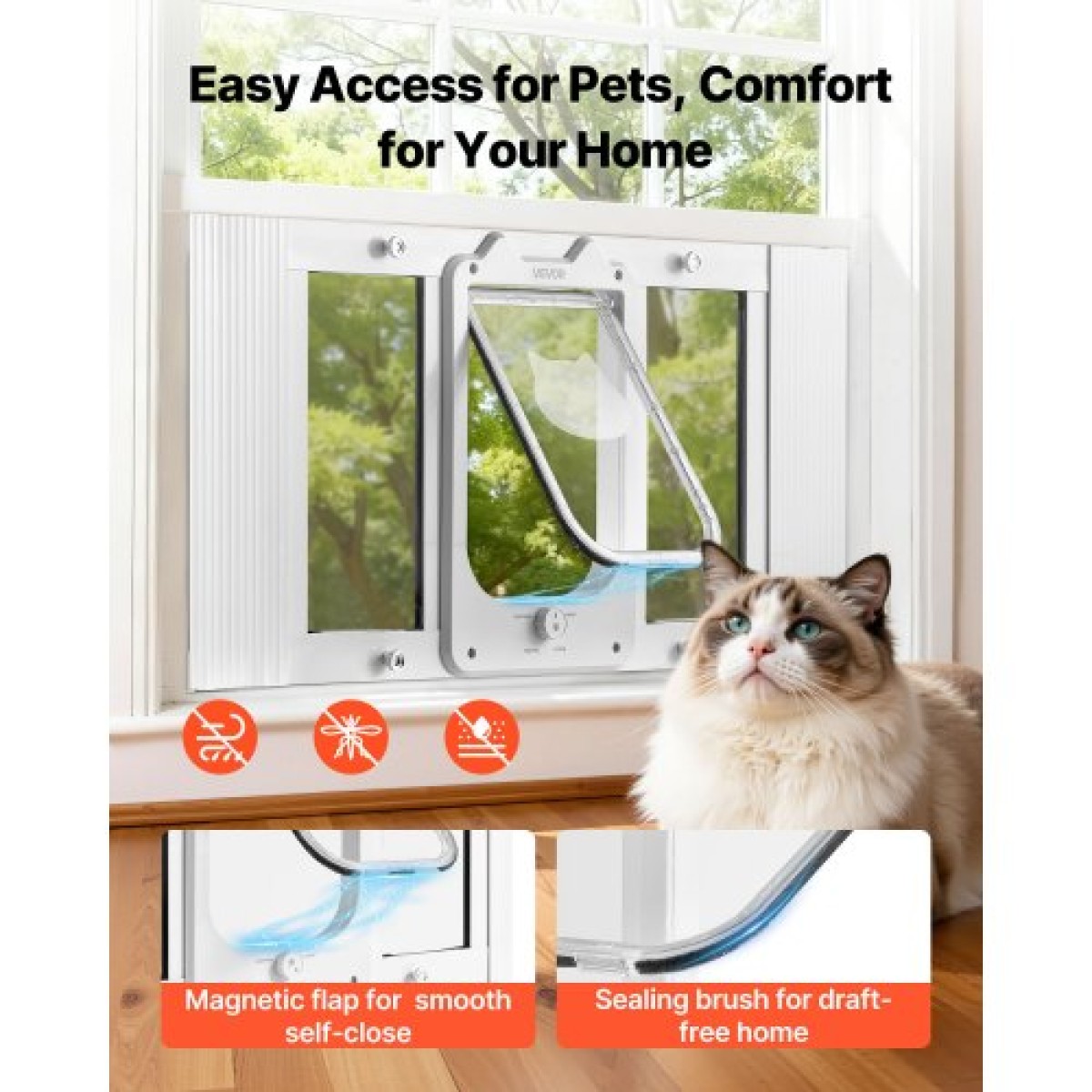 VEVOR Cat Door for Window, Ρυθμιζόμενη ώστε να ταιριάζει πλάτος παραθύρου 686-813 mm, 4 ασφαλείς λειτουργίες κλειδώματος, πλαίσιο αλουμινίου και γυαλί υψηλής διαφάνειας, μαγνητικό κλείσιμο, ανθεκτική στις καιρικές συνθήκες Πόρτα κατοικίδιων ζώων για γάτες