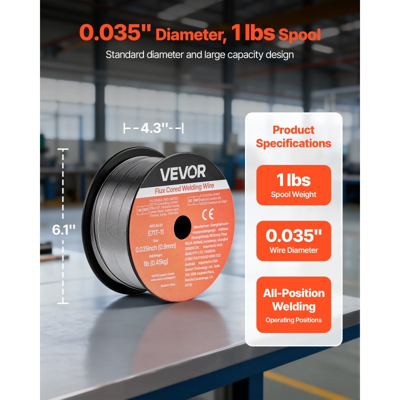 Σύρμα συγκόλλησης VEVOR Flux Core MIG, E71T-11 0,9mm 0,45kg, Σύρμα συγκόλλησης από ήπιο χάλυβα χωρίς αέριο με χαμηλό πιτσίλισμα για συγκόλληση τόξου σε όλες τις θέσεις, αυτοπροστατευμένο για εξωτερική χρήση (Συσκευασία 3 ρολά)