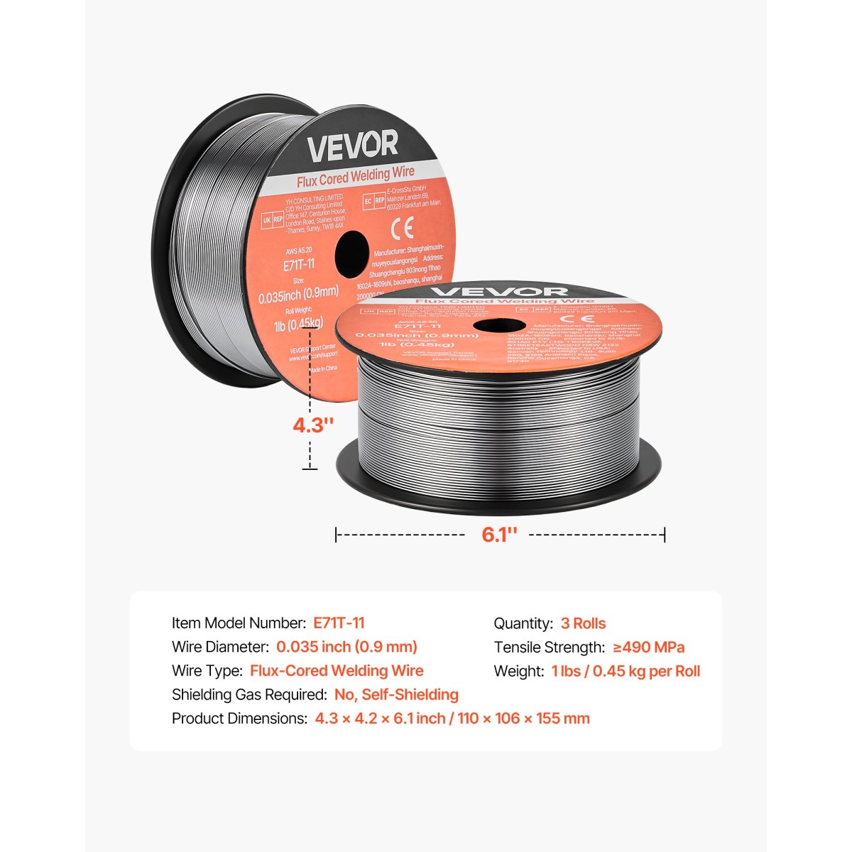 Σύρμα συγκόλλησης VEVOR Flux Core MIG, E71T-11 0,9mm 0,45kg, Σύρμα συγκόλλησης από ήπιο χάλυβα χωρίς αέριο με χαμηλό πιτσίλισμα για συγκόλληση τόξου σε όλες τις θέσεις, αυτοπροστατευμένο για εξωτερική χρήση (Συσκευασία 3 ρολά)