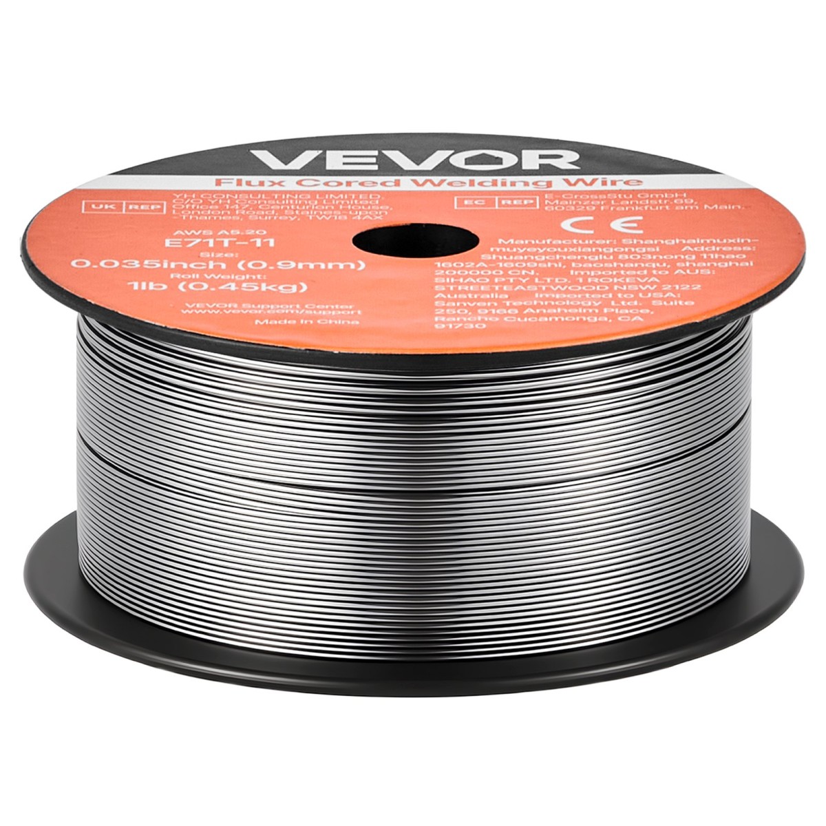 Σύρμα συγκόλλησης VEVOR Flux Core MIG, E71T-11 0,9mm 0,45kg, Σύρμα συγκόλλησης από ήπιο χάλυβα χωρίς αέριο με χαμηλό πιτσίλισμα για συγκόλληση τόξου σε όλες τις θέσεις, αυτοπροστατευμένο για εξωτερική χρήση (Συσκευασία 3 ρολά)