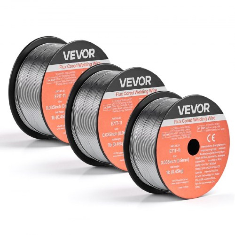 Σύρμα συγκόλλησης VEVOR Flux Core MIG, E71T-11 0,9mm 0,45kg, Σύρμα συγκόλλησης από ήπιο χάλυβα χωρίς αέριο με χαμηλό πιτσίλισμα για συγκόλληση τόξου σε όλες τις θέσεις, αυτοπροστατευμένο για εξωτερική χρήση (Συσκευασία 3 ρολά)