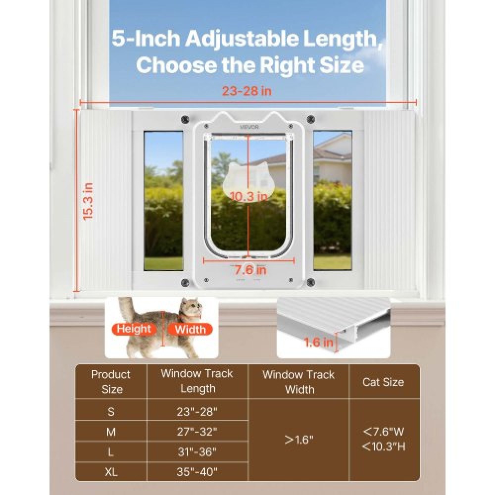 VEVOR Cat Door for Window, Adjustable to Fit Window Width 584-711 mm, 4 Secure Lock Modes, Aluminum Frame and High-Transparency Glass, Magnetic Closure, Weatherproof Quick-Fit Pet Door for Cats, White