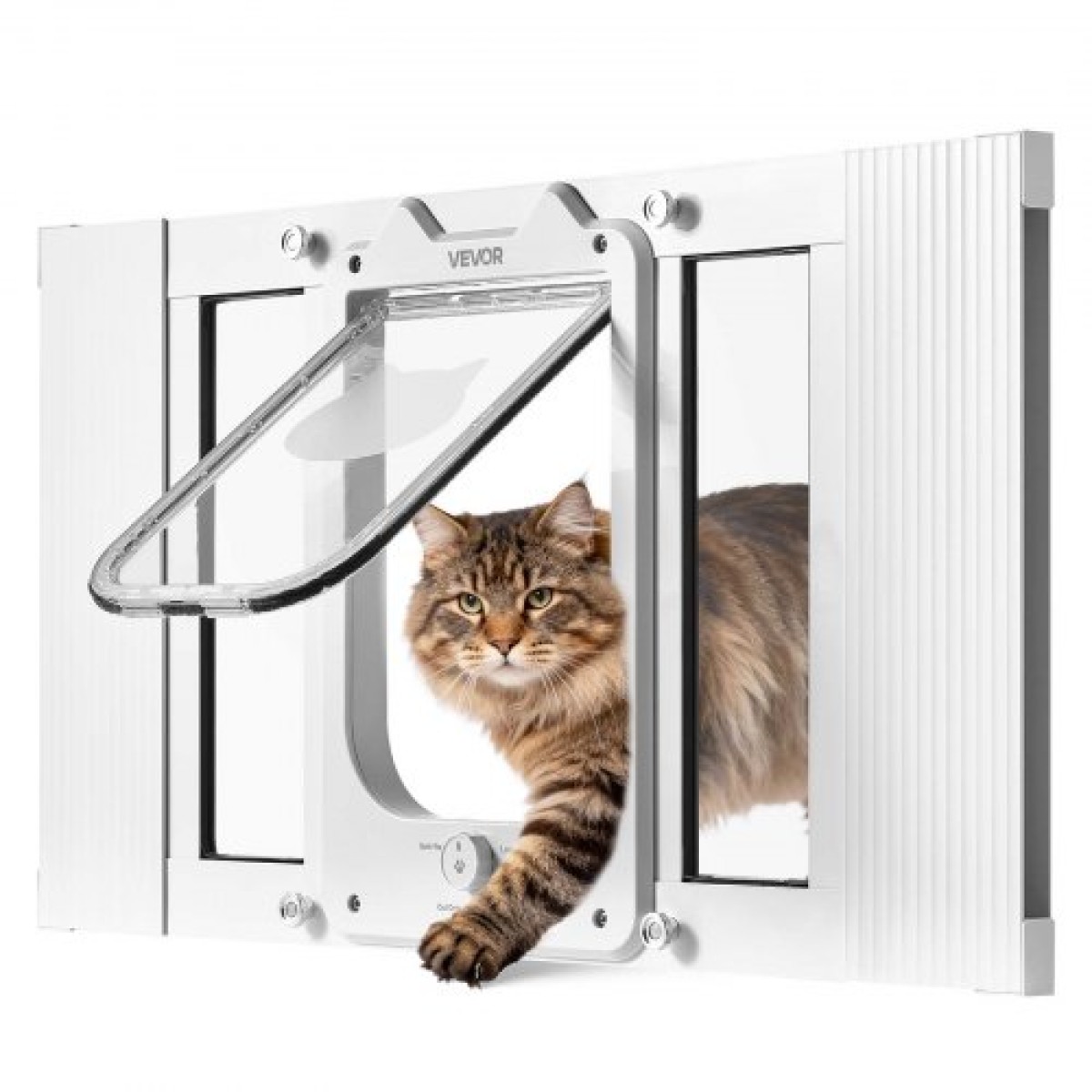 VEVOR Cat Door for Window, Ρυθμιζόμενη στο πλάτος παραθύρου 584-711 mm, 4 ασφαλείς λειτουργίες κλειδώματος, πλαίσιο από αλουμίνιο και γυαλί υψηλής διαφάνειας, μαγνητικό κλείσιμο, αδιάβροχη πόρτα κατοικίδιων ζώων για γάτες, λευκό