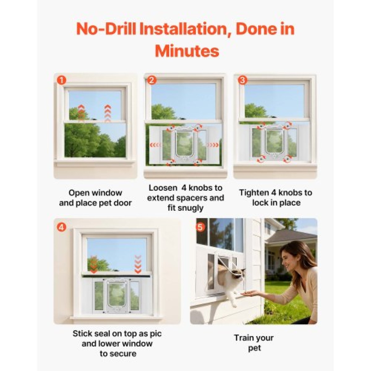 VEVOR Cat Door for Window, Ρυθμιζόμενη στο πλάτος παραθύρου 584-711 mm, 4 ασφαλείς λειτουργίες κλειδώματος, πλαίσιο από αλουμίνιο και γυαλί υψηλής διαφάνειας, μαγνητικό κλείσιμο, αδιάβροχη πόρτα κατοικίδιων ζώων για γάτες, λευκό