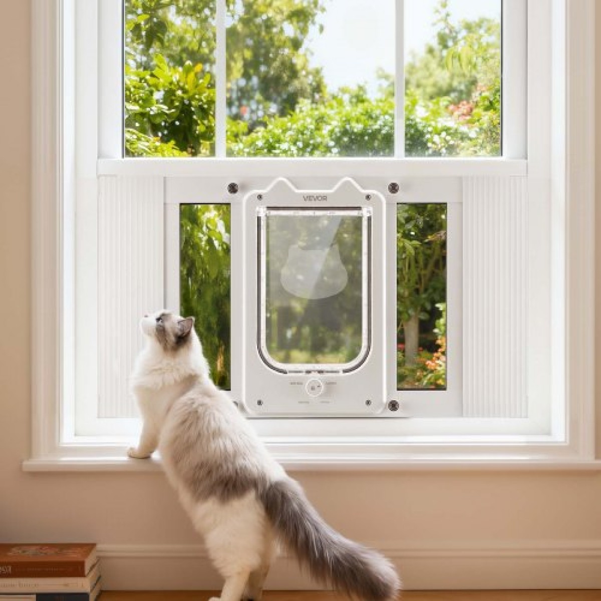 VEVOR Cat Door for Window, Ρυθμιζόμενη στο πλάτος παραθύρου 584-711 mm, 4 ασφαλείς λειτουργίες κλειδώματος, πλαίσιο από αλουμίνιο και γυαλί υψηλής διαφάνειας, μαγνητικό κλείσιμο, αδιάβροχη πόρτα κατοικίδιων ζώων για γάτες, λευκό