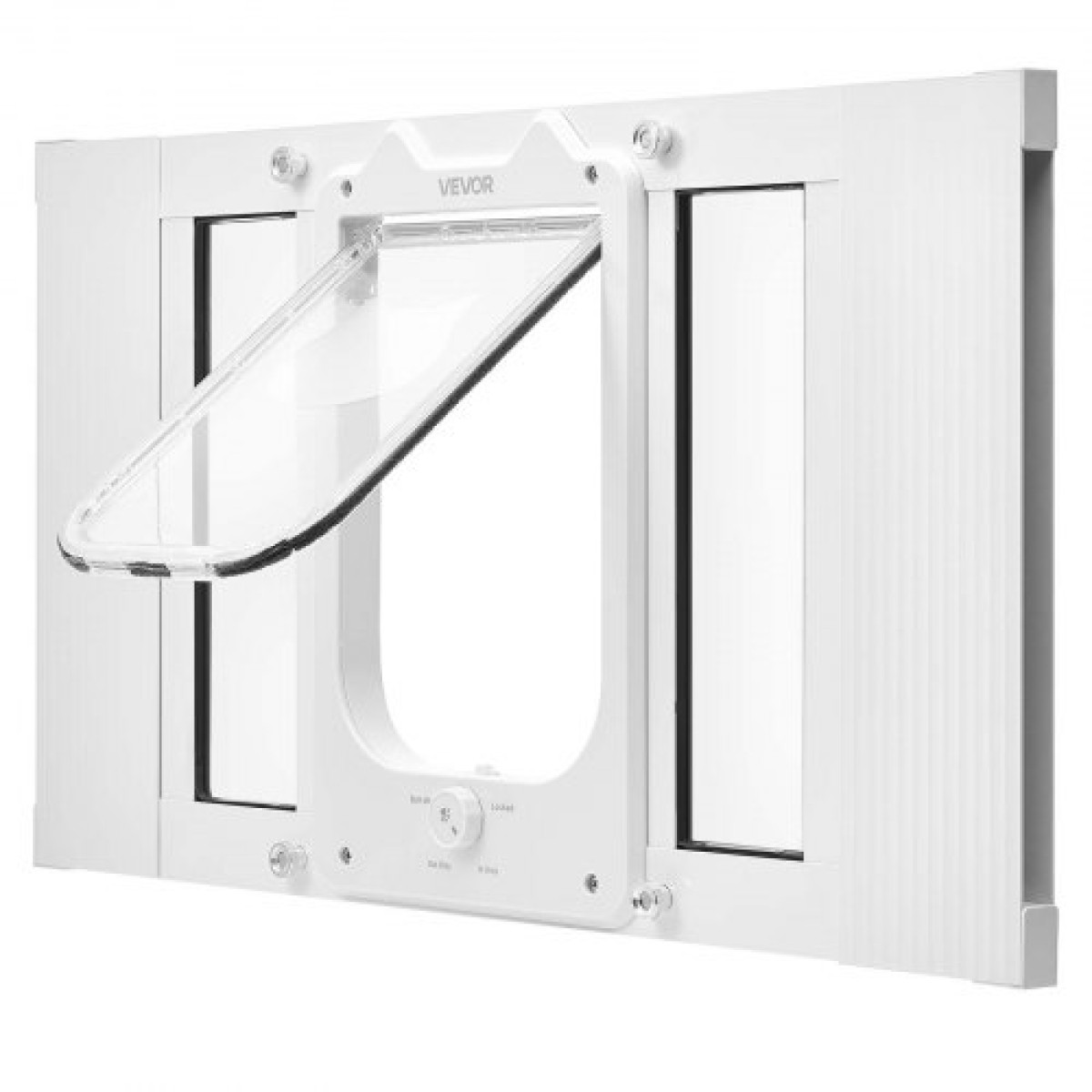 VEVOR Cat Door for Window, Ρυθμιζόμενη στο πλάτος παραθύρου 584-711 mm, 4 ασφαλείς λειτουργίες κλειδώματος, πλαίσιο από αλουμίνιο και γυαλί υψηλής διαφάνειας, μαγνητικό κλείσιμο, αδιάβροχη πόρτα κατοικίδιων ζώων για γάτες, λευκό