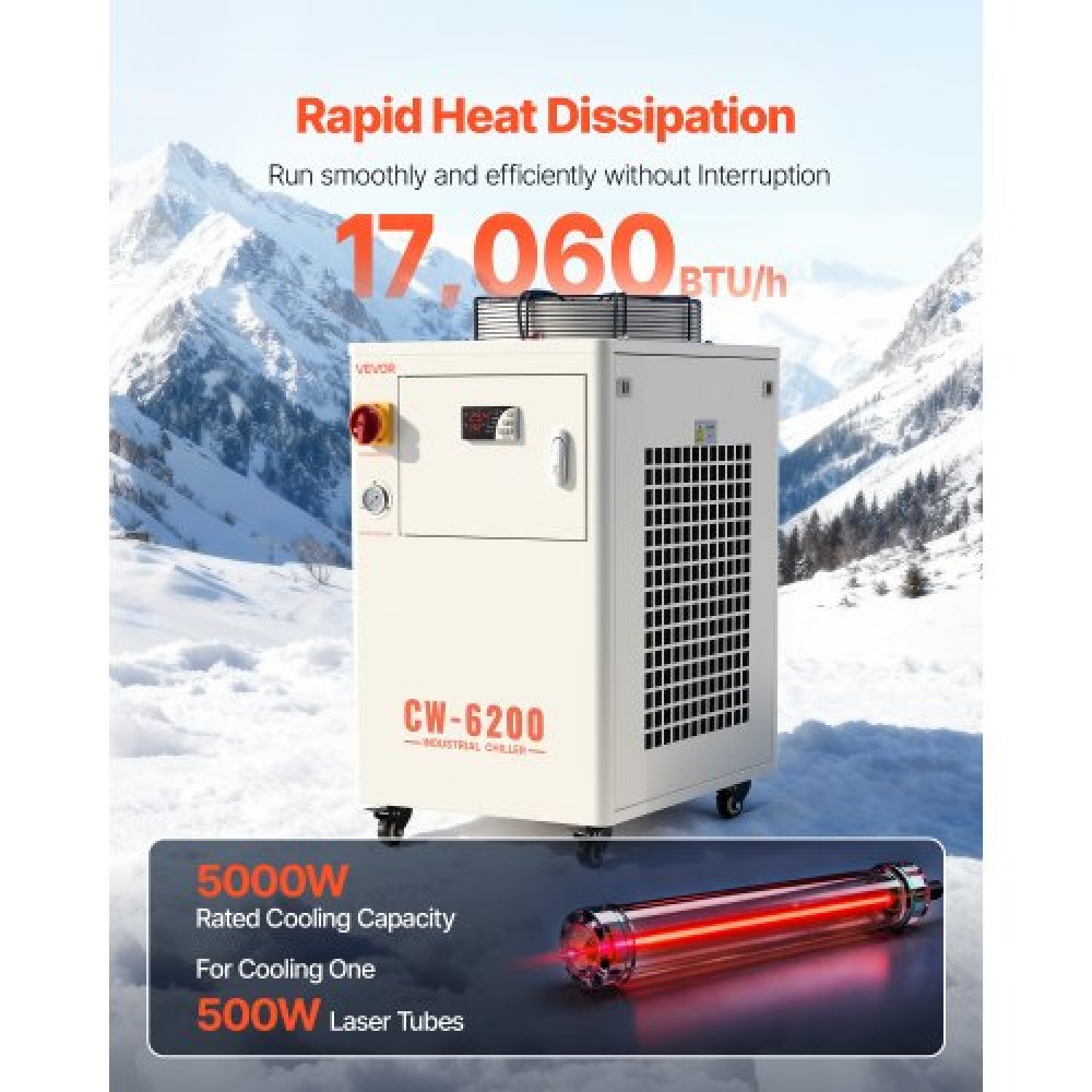 VEVOR Industrial Water Chiller, 5000W, Industrial Water Cooler Cooling System with Compressor, 15L Tank Capacity, 70 L/min Max Flow Rate, Laser Chiller, for CO2 Laser Tuber Engraving & Cutting Machine