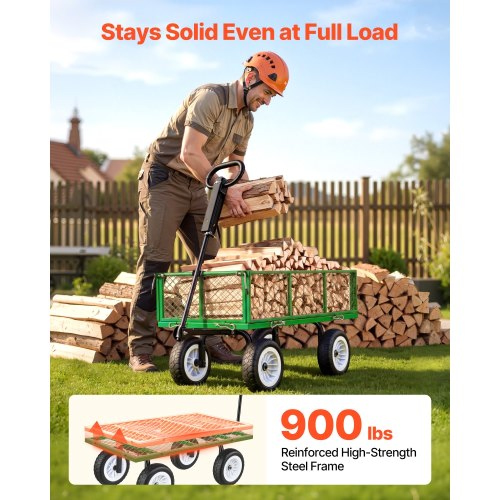 VEVOR Garden Cart, 408.2 kg, Heavy Duty Steel Yard and Garden Utility Wagon with 10-Inch Tires, Outdoor Gardening Stool with Adjustable Handle, Detachable Side Panels, Attach to ATV or Tractor, Green