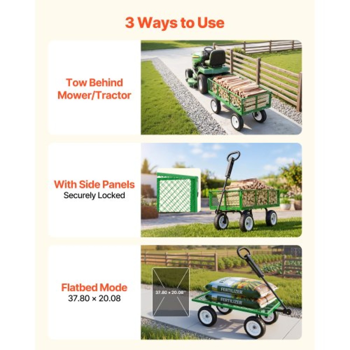 VEVOR Garden Cart, 408,2 kg, Heavy Duty Steel Yard and Garden Utility Wagon με ελαστικά 10 ιντσών, σκαμπό κήπου εξωτερικού χώρου με ρυθμιζόμενη λαβή, αποσπώμενα πλαϊνά πάνελ, προσάρτηση σε ATV ή τρακτέρ, Πράσινο