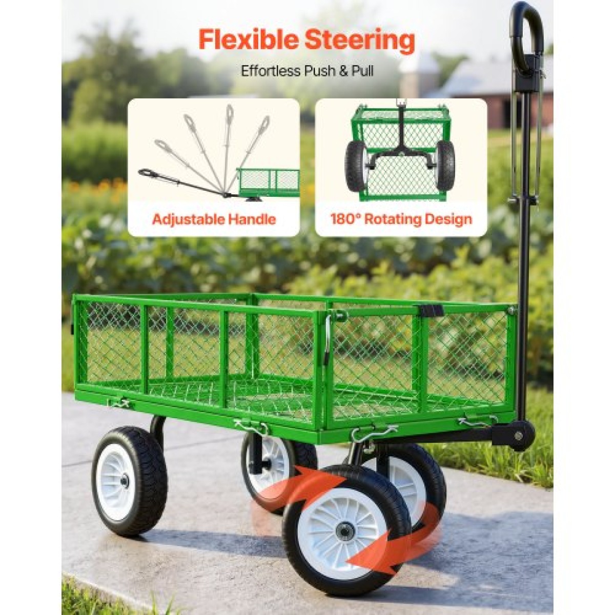 VEVOR Garden Cart, 408,2 kg, Heavy Duty Steel Yard and Garden Utility Wagon με ελαστικά 10 ιντσών, σκαμπό κήπου εξωτερικού χώρου με ρυθμιζόμενη λαβή, αποσπώμενα πλαϊνά πάνελ, προσάρτηση σε ATV ή τρακτέρ, Πράσινο