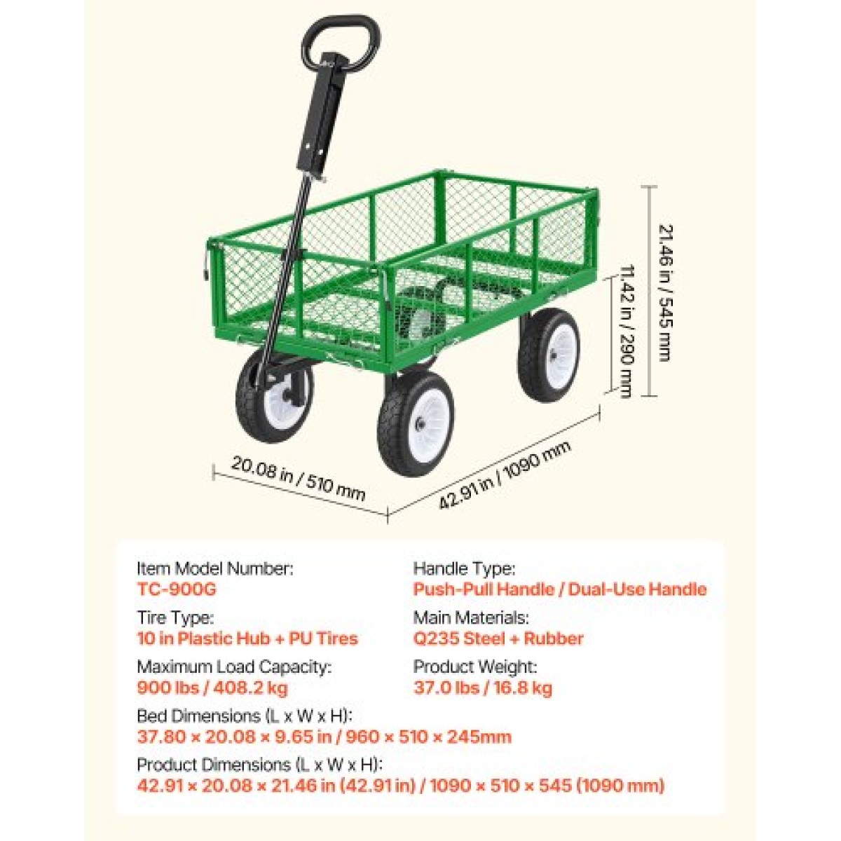 VEVOR Garden Cart, 408,2 kg, Heavy Duty Steel Yard and Garden Utility Wagon με ελαστικά 10 ιντσών, σκαμπό κήπου εξωτερικού χώρου με ρυθμιζόμενη λαβή, αποσπώμενα πλαϊνά πάνελ, προσάρτηση σε ATV ή τρακτέρ, Πράσινο