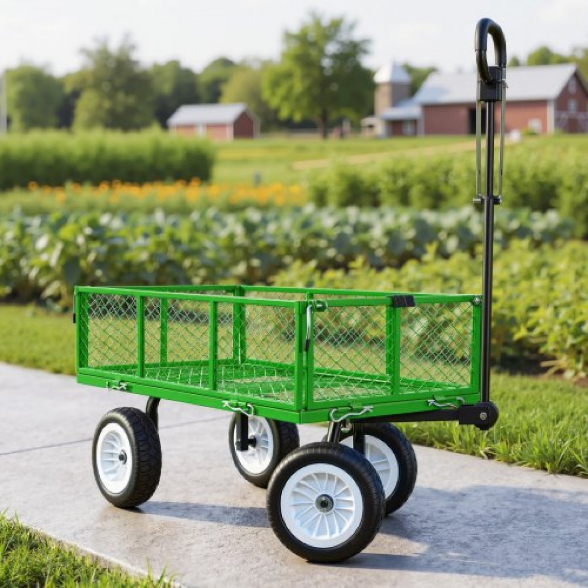 VEVOR Garden Cart, 408,2 kg, Heavy Duty Steel Yard and Garden Utility Wagon με ελαστικά 10 ιντσών, σκαμπό κήπου εξωτερικού χώρου με ρυθμιζόμενη λαβή, αποσπώμενα πλαϊνά πάνελ, προσάρτηση σε ATV ή τρακτέρ, Πράσινο