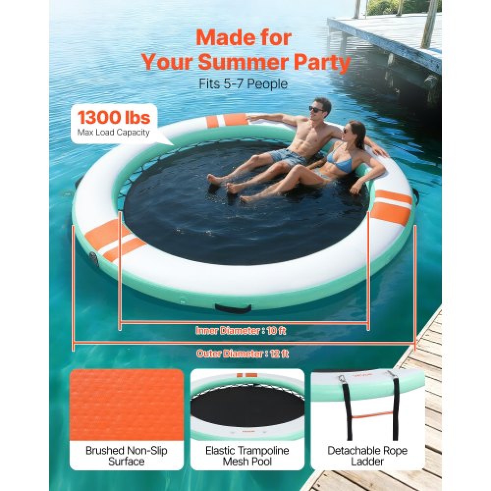 VEVOR Inflatable Floating Dock, 3.66 M Round Inflatable Dock Platform, Non-Slip Water Air Mat with Portable Carrying Bag and Detachable Ladder, Floating Water Platform Island Raft for Pool Beach Ocean