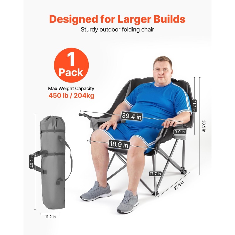 Καρέκλες κάμπινγκ VEVOR Oversized, 204 kg Υποστήριξη βαρέως τύπου, Φορητές πτυσσόμενες καρέκλες κατασκήνωσης με διπλές ποτηροθήκες & ποτηροθήκες κρασιού, τσάντα μεταφοράς για εξωτερικούς χώρους, ψάρεμα, μαύρο & γκρι, 1 πακέτο