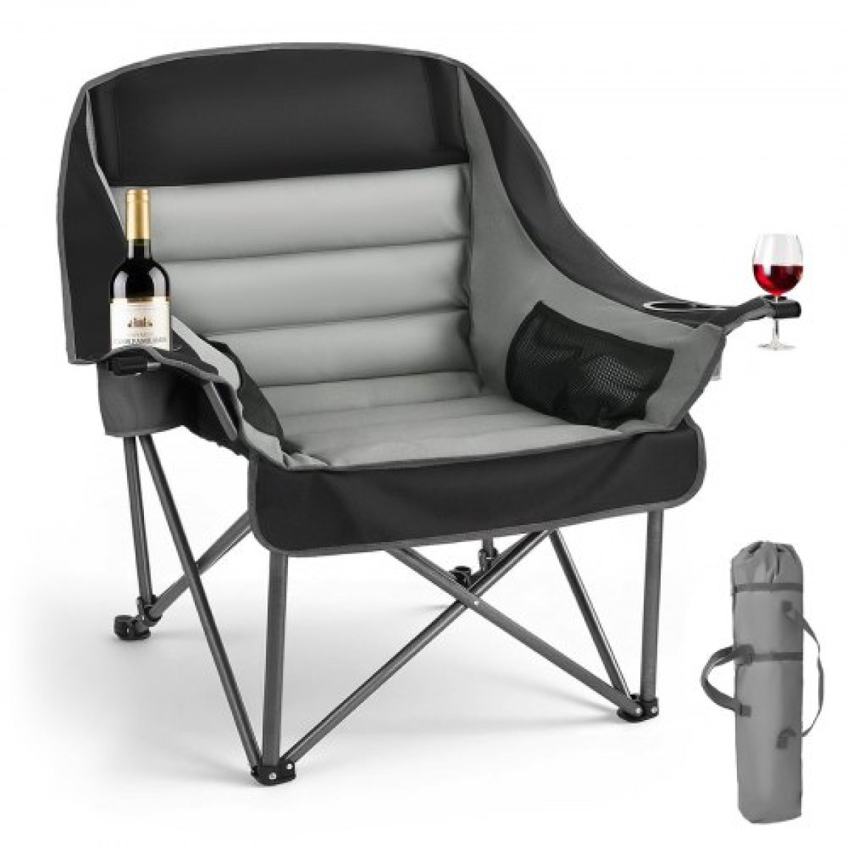 Καρέκλες κάμπινγκ VEVOR Oversized, 204 kg Υποστήριξη βαρέως τύπου, Φορητές πτυσσόμενες καρέκλες κατασκήνωσης με διπλές ποτηροθήκες & ποτηροθήκες κρασιού, τσάντα μεταφοράς για εξωτερικούς χώρους, ψάρεμα, μαύρο & γκρι, 1 πακέτο