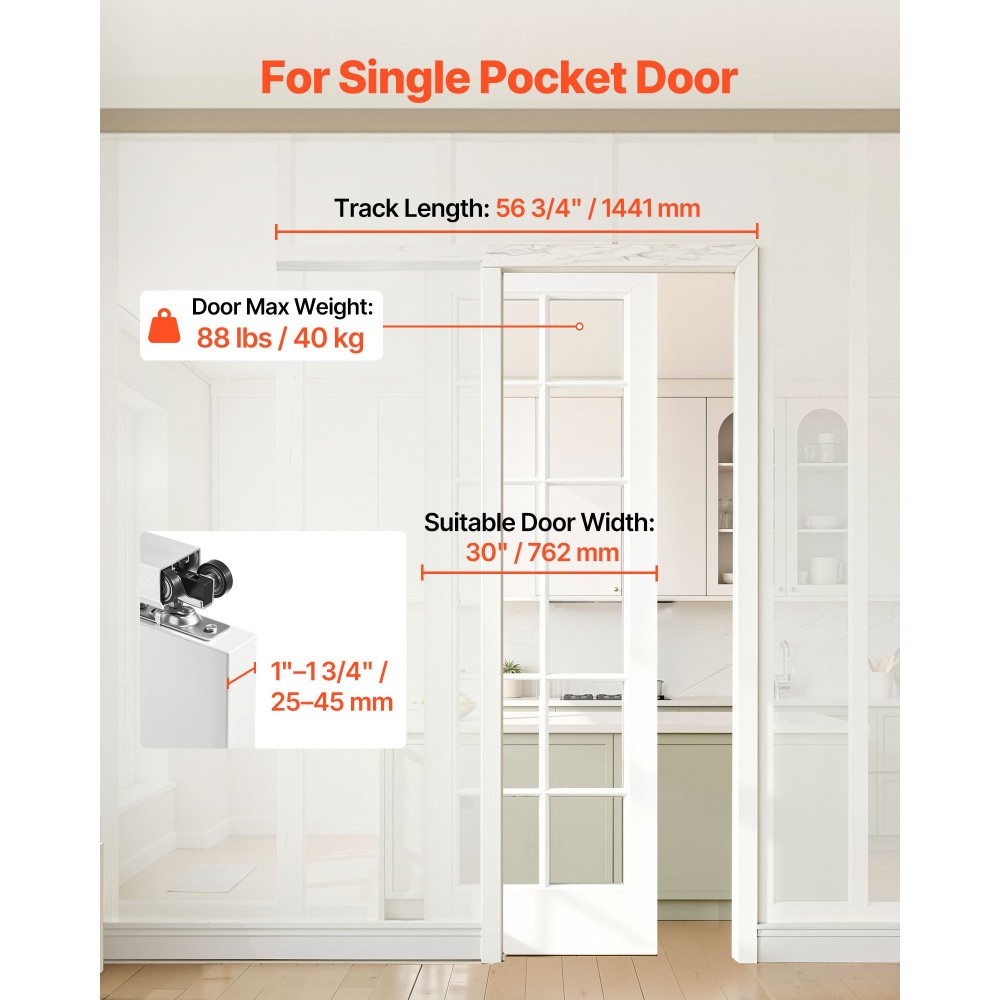 VEVOR Sliding Pocket Door Hardware Track Kit, 1441 mm Pocket Door Track Kit με μηχανισμό Soft Close για ομαλή και αθόρυβη ολίσθηση, εύκολη εγκατάσταση, για 25 έως 45 mm Πάχος 762 mm Πλάτος Μονή πόρτα