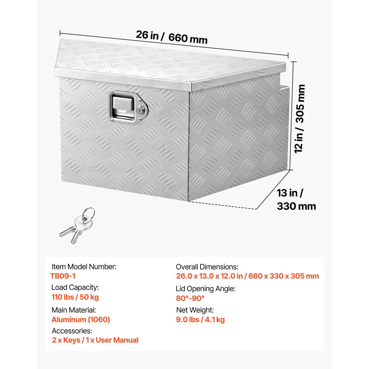 VEVOR Trailer Tongue Box, 660 x 330 x 305 mm Αλουμινένιο κουτί εργαλειοθήκης ρυμουλκούμενου, Ατζέντα αποθήκευσης βαρέως τύπου με κλειδαριά και κλειδιά, βοηθητικό κιβώτιο εργαλείων για κρεβάτι Pickup Truck, RV, SUV, όχημα εκτός δρόμου, Ασημί