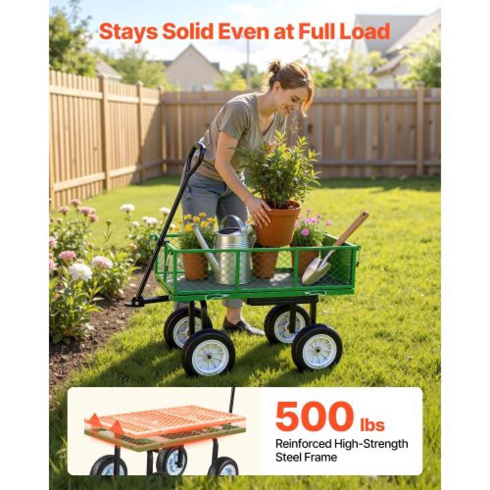 VEVOR Garden Cart with Seat, 226.8 kg, Rolling Steel Garden Work Seat with Wheels, Heavy Duty Gardening Stool, with Tool Tray & Adjustable Handle, Outdoor Yard Wagon, for Lawn, Patio, Backyard, Green