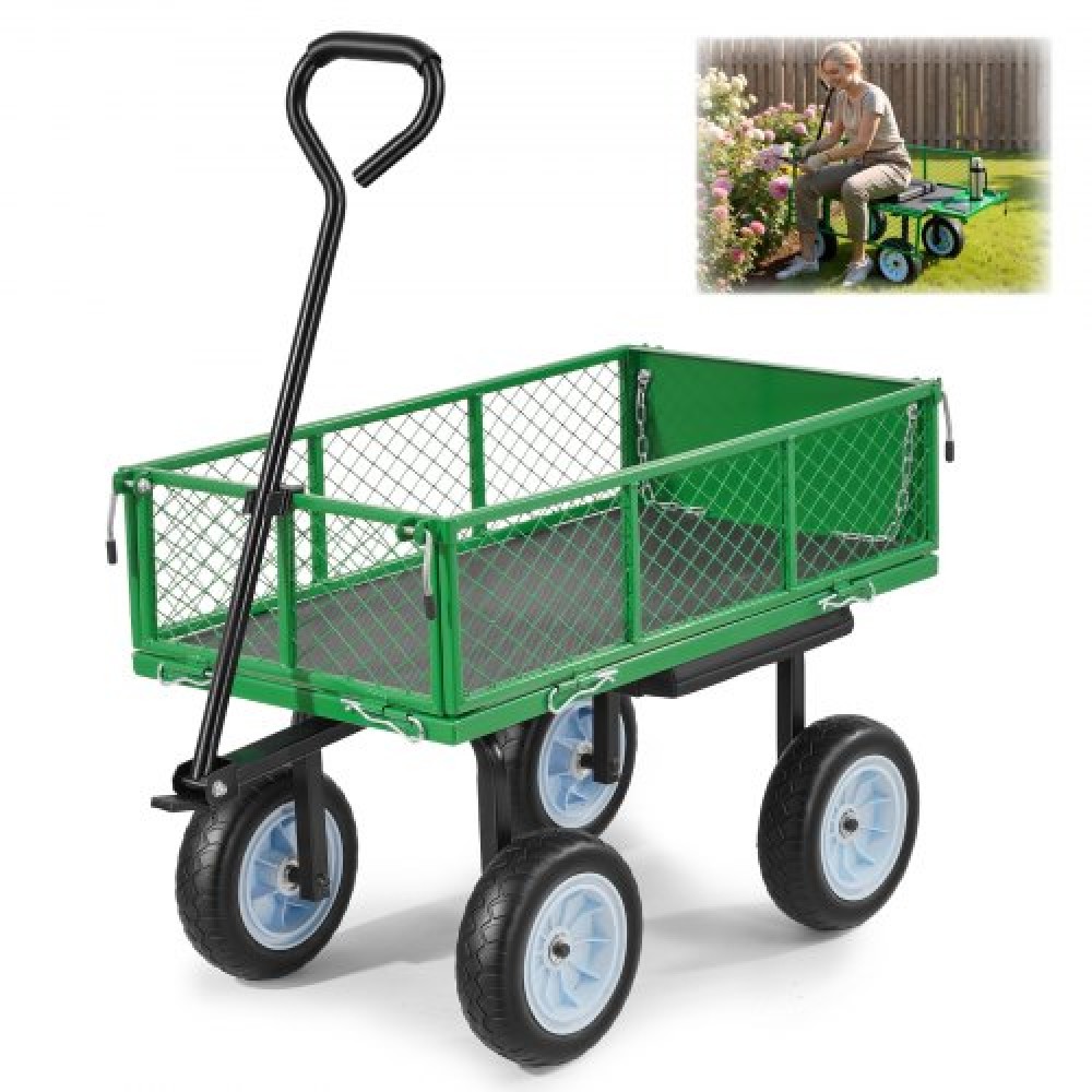 VEVOR Garden Cart with Seat, 226.8 kg, Rolling Steel Garden Work Seat with Wheels, Heavy Duty Gardening Stool, with Tool Tray & Adjustable Handle, Outdoor Yard Wagon, for Lawn, Patio, Backyard, Green